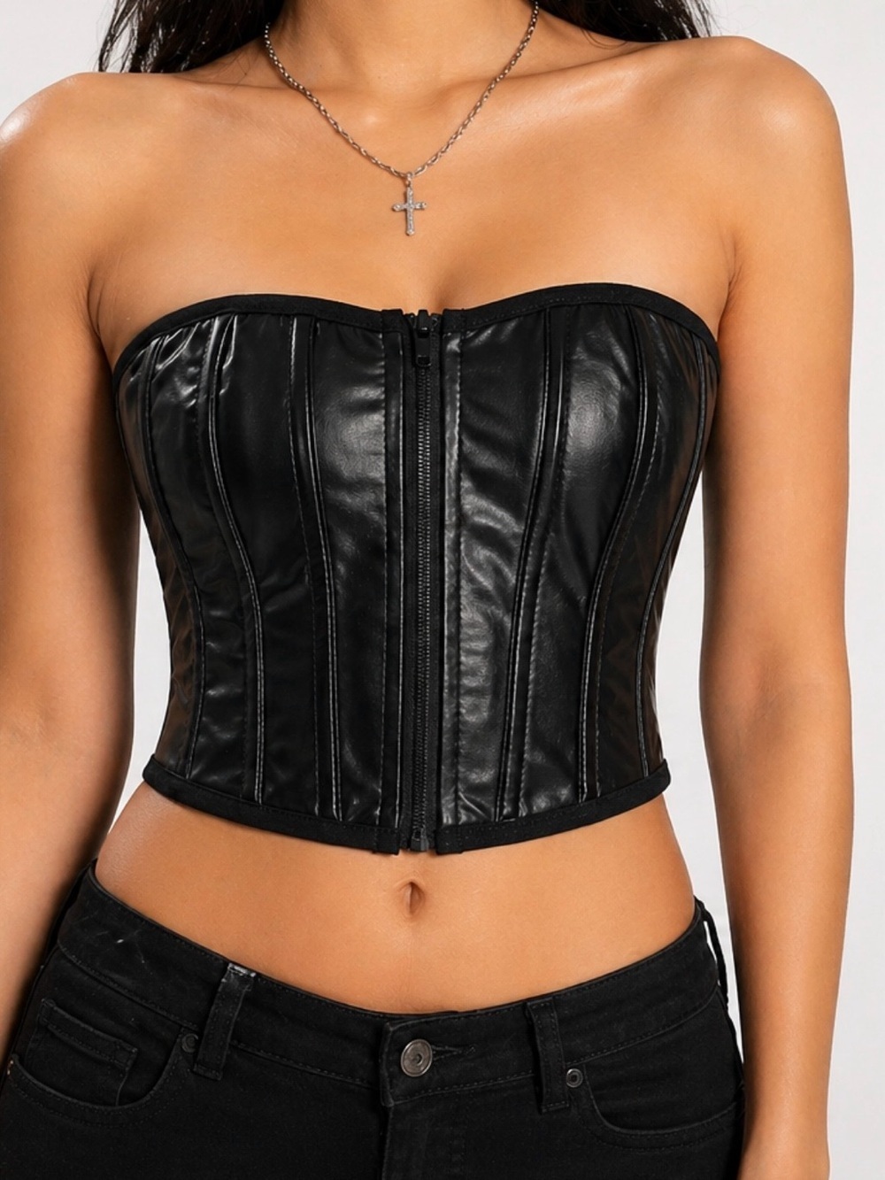 Black Gothic Faux Leather Corset Zip Lace Up Top